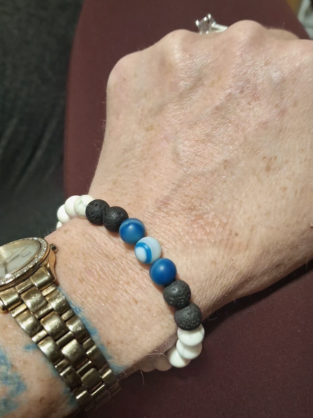 Beaded Evil Eye Bracelet In Lava Stone and Blue Agate